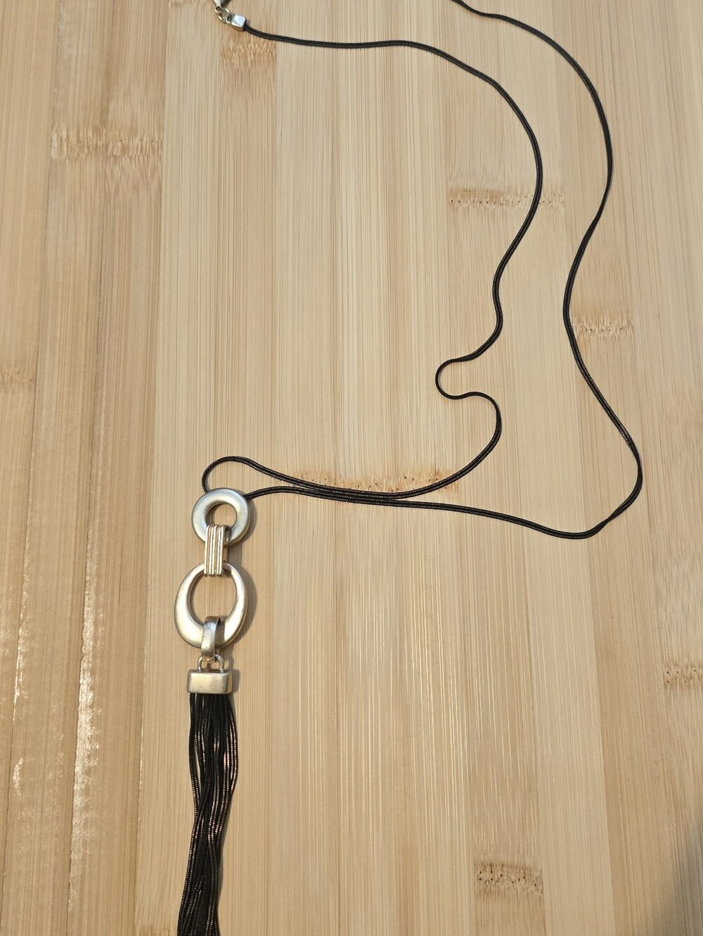 Gold Tone Long Chain Brown Tassel Interlocking Hoop Necklace